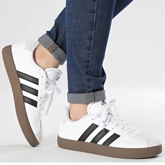 Adidas White Sneakers with Black Stripes and Brown Sole - Picture 1 of 7